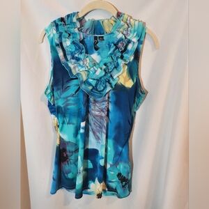 Milano Vibrant Blue Floral Ruffled Sleeveless Summery Blouse